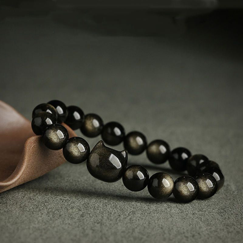 Buddha Stones Gold Sheen Obsidian Silver Sheen Obsidian Lovely Paw Lucky Cat Protection Bracelet - image 5