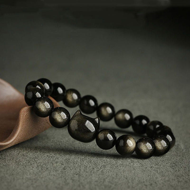 Buddha Stones Gold Sheen Obsidian Silver Sheen Obsidian Lovely Paw Lucky Cat Protection Bracelet - image 5
