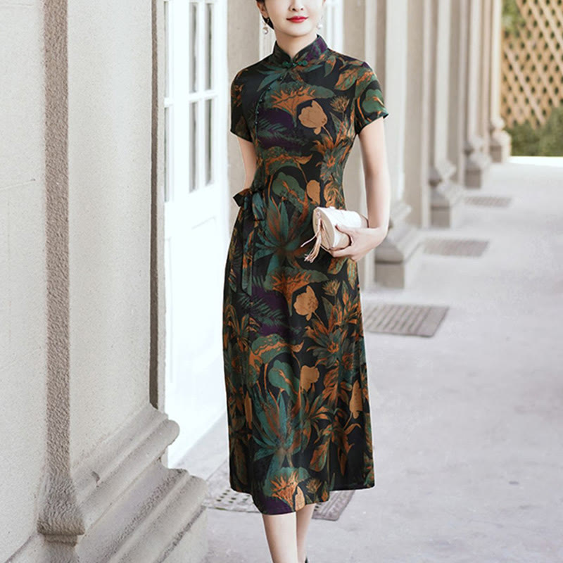 Buddha Stones Silk Qipao Dress Retro Flower Leaf Pattern Women's Cheongsam Dress - image 15