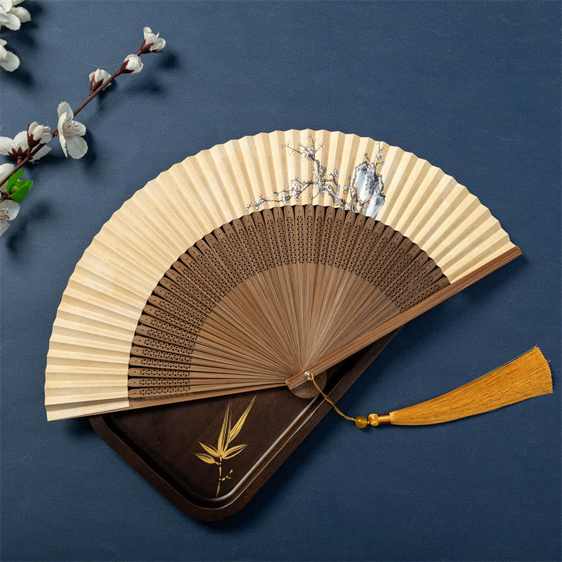 Buddha Stones Lotus Dragonfly Wild Geese Plum Blossom Handheld Silk Bamboo Folding Fan 22.5cm