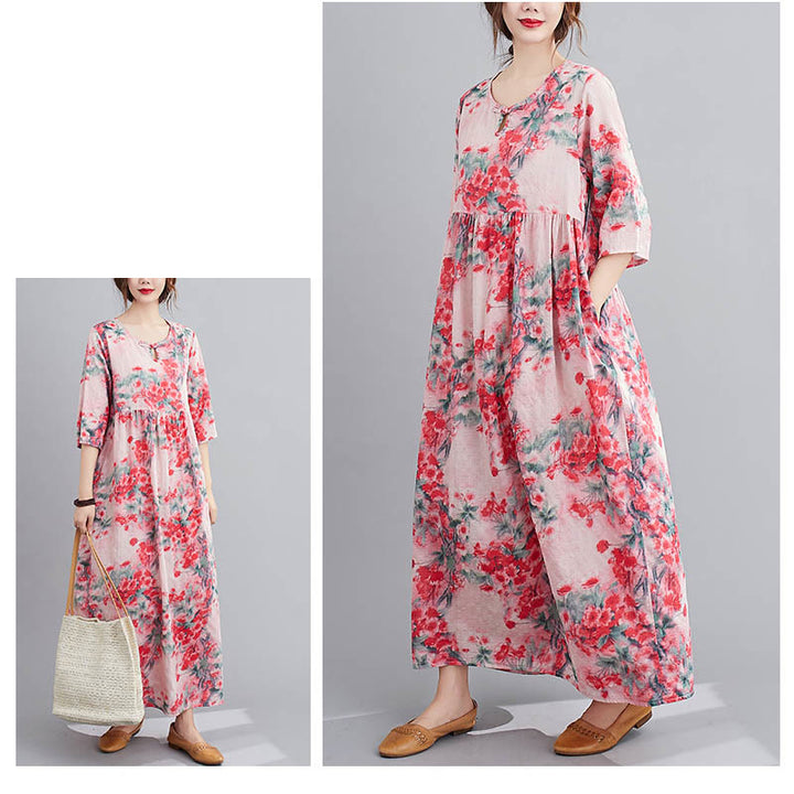 Buddha Stones Flowers Print Midi Dress Cotton Linen Tunic Dress With Pockets