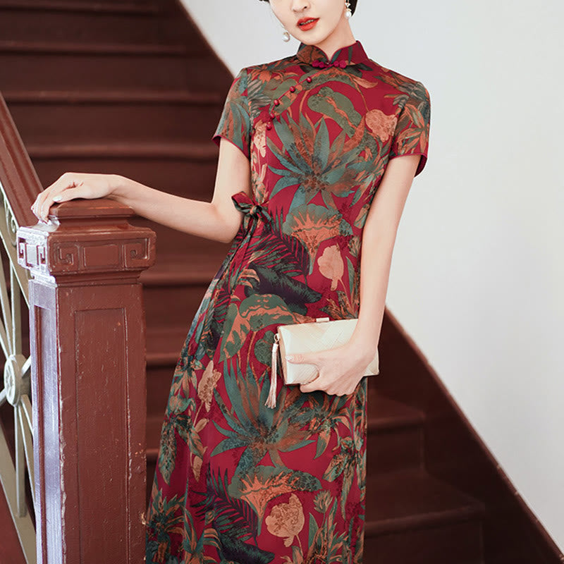 Buddha Stones Silk Qipao Dress Retro Flower Leaf Pattern Women's Cheongsam Dress - image 4