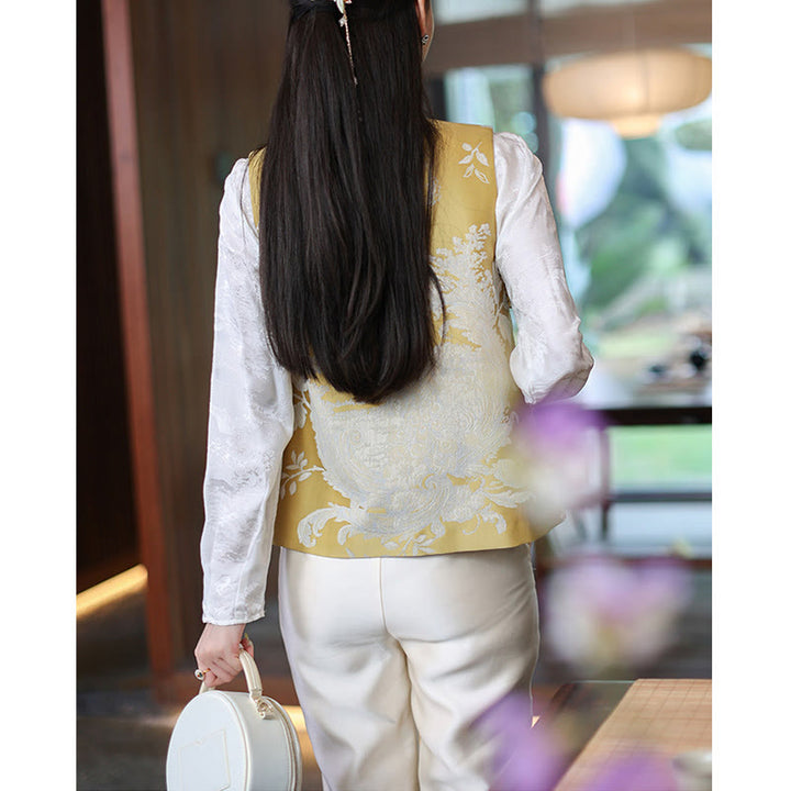 Buddha Stones Peacock Flower Pattern Tang Suit Design Vest Jacket