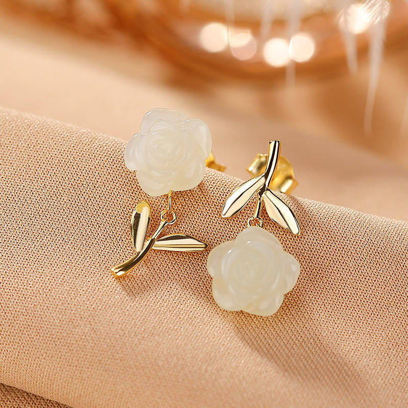 Buddha Stones 925 Sterling Silver Plated Gold Jade Rose Flower Cyan Jade Pearl Luck Earrings - Hetian Jade Leaves - image 1