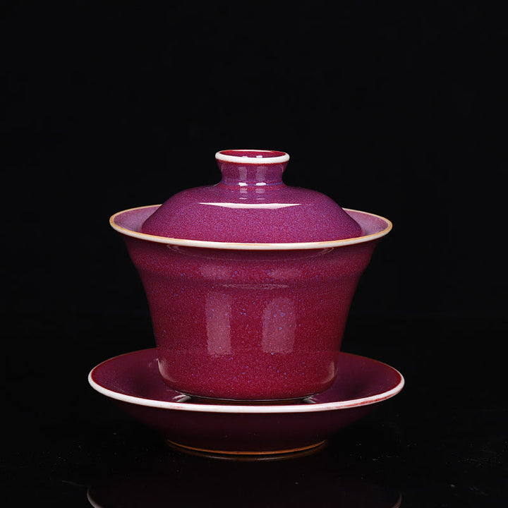 Buddha Stones Retro Glaze Kiln Change Ceramic Gaiwan Sancai Teacup Kung Fu Tea Cup And Saucer With Lid - Red STYLE (COLOR & GLAZE MAY VARY) - 9.8cm*9cm*150ml - image 7