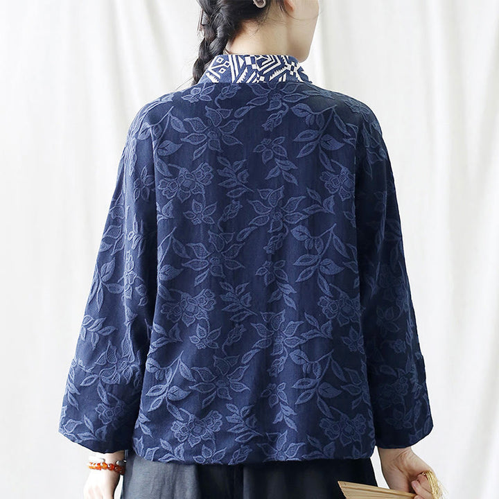 Buddha Stones Flower Jacquard V-Neck Long Sleeve Jacket