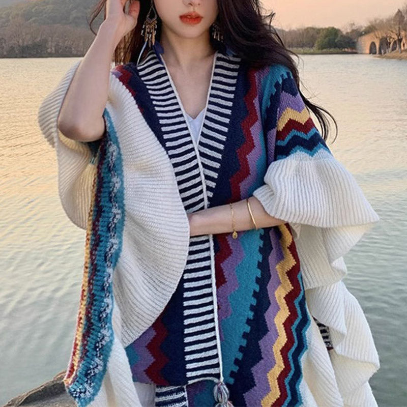 Buddha Stones Tibetan Shawl Colorful Striped Wavy Line Tassels Winter Cozy Travel Scarf Wrap