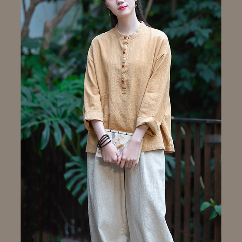 Buddha Stones Solid Color Loose Button Blouse Long Sleeve Shirt Top