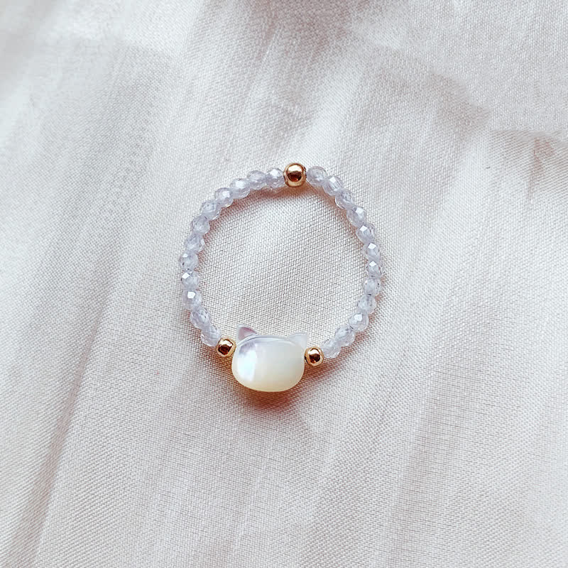 Buddha Stones Natural Tridacna Stone Lovely Cat 14K Gold Blessing Ring - White - image 9