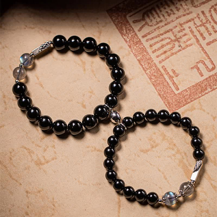 925 Sterling Silver Obsidian Moonstone Strength Couple Bracelet - 8mm&10mm - image 7