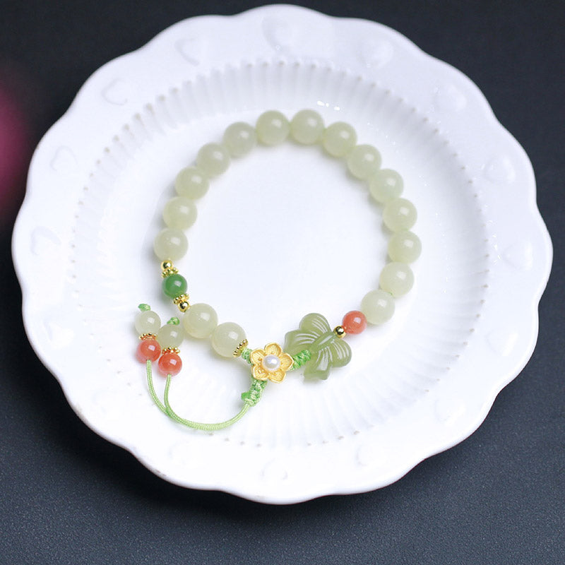 Buddha Stones 925 Sterling Silver Jade Luck Flower Butterfly Bracelet - image 5