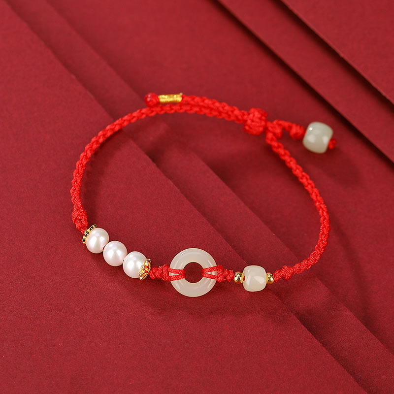 Buddha Stones 925 Sterling Silver Plated Gold Hetian Jade Peace Buckle Pearl Luck Bracelet - Red Rope(Wrist Circumference 14-16cm) - image 1