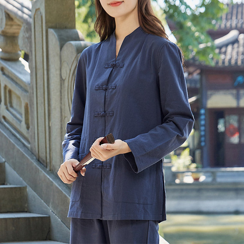 Spiritual Zen Practice Yoga Meditation Prayer Uniform Cotton Linen Clothing Women's Set - Navy Blue - US18，UK/AU22，EU50 (6XL) - image 7