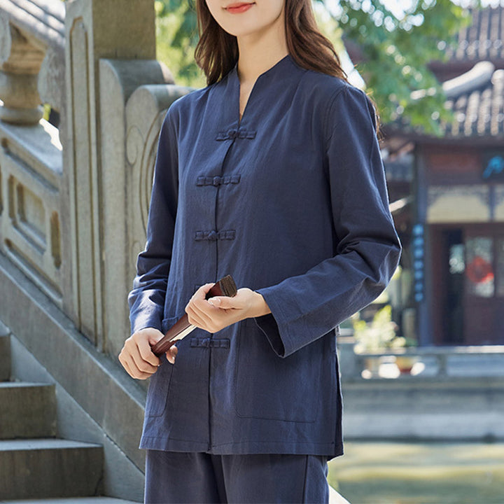 Spiritual Zen Practice Yoga Meditation Prayer Uniform Cotton Linen Clothing Women's Set - Navy Blue - US18，UK/AU22，EU50 (6XL) - image 7