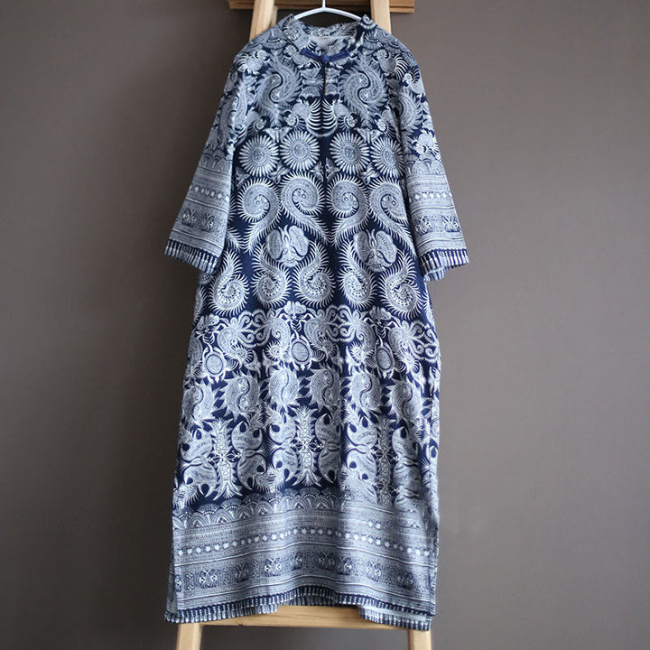 Buddha Stones Blue And White Porcelain Pattern Frog-button Midi Dress Three Quarter Sleeve Linen Batik Dress With Pockets