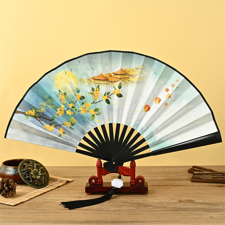 Buddha Stones Vintage Phoenix Nine Tailed Fox Flower Bamboo Tiger Handheld Folding Fan Lotus Tassel Fan