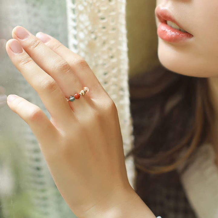 Buddha Stones 14k Gold Plated Copper Fu Lu Shou Crystal Peach Moonstone Happiness Wealth Ring