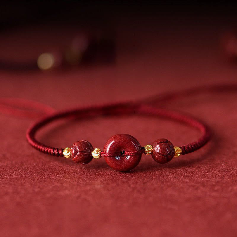 Buddha Stones Handmade Lotus Cinnabar Peace Buckle Blessing Braid Bracelet - Dark Red(Wrist Circumference 14-18cm) - image 0