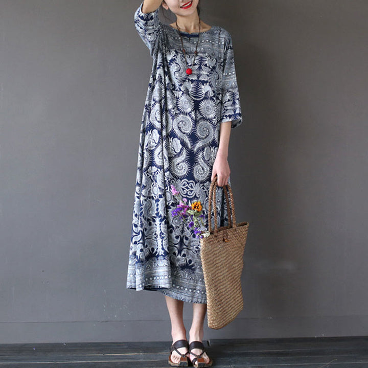 Buddha Stones Blue White Flower Printed Button Midi Dress Three Quarter Sleeve Cotton Linen Dress With Pockets