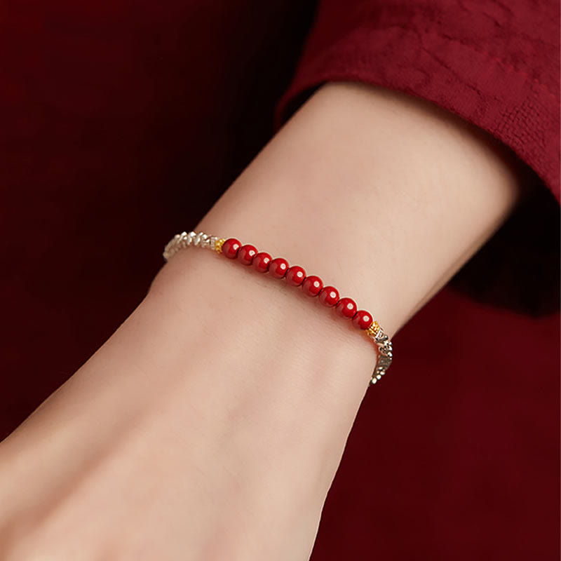 Buddha Stones 925 Sterling Silver Cinnabar Fu Character Blessing Bracelet - image 2