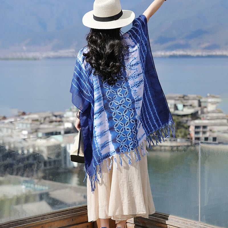 Buddha Stones Blue White Striped Indigo Dyeing Shawl Tassels Cozy Pullover 90*95cm