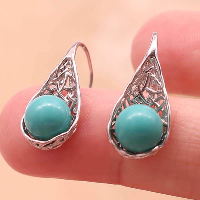 925 Sterling Silver Turquoise Beaded Pattern Protection Drop Dangle Earrings - image 2