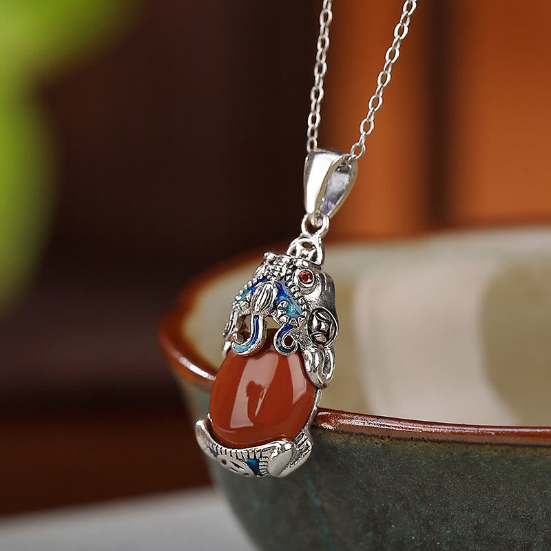 Buddha Stones 925 Sterling Silver Red Agate Copper Coins PiXiu Protection Ring Necklace Pendant Set