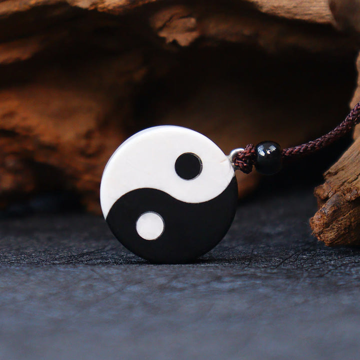 Buddha Stones Natural Black Obsidian White Turquoise Yin Yang Fulfilment Strength Necklace Pendant