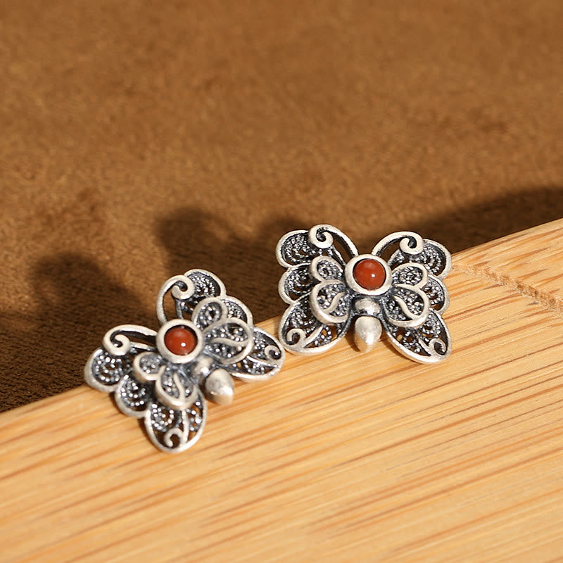 Buddha Stones 925 Sterling Silver Red Agate Butterfly Self-acceptance Ring Earrings Set