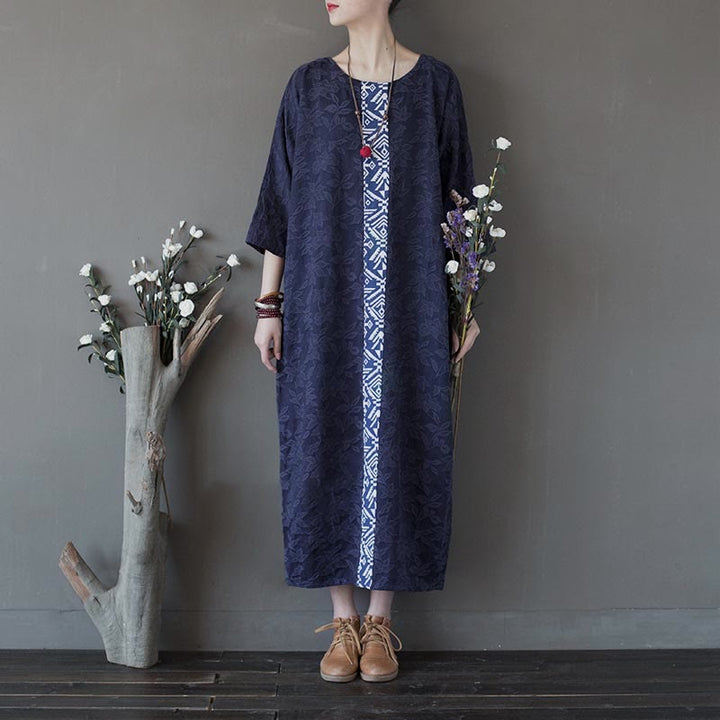 Buddha Stones Blue Flowers Embroidery Jacquard Midi Dress Three Quarter Sleeve Cotton Dress With Pockets