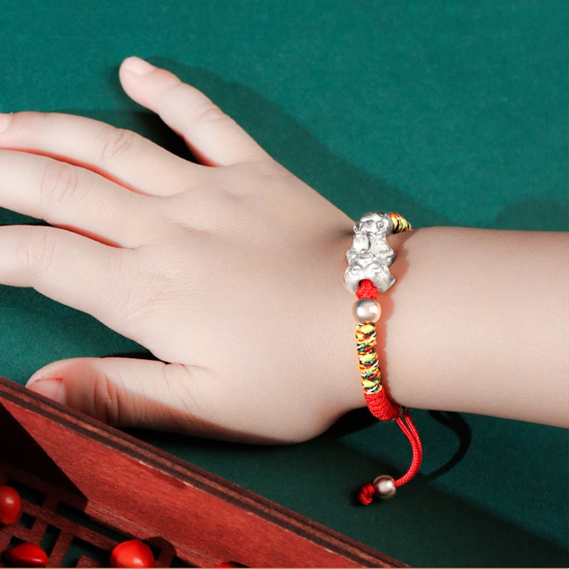 Buddha Stones 999 Sterling Silver PiXiu Wealth King Kong Knot String Braided Kids Child Bracelet - image 11