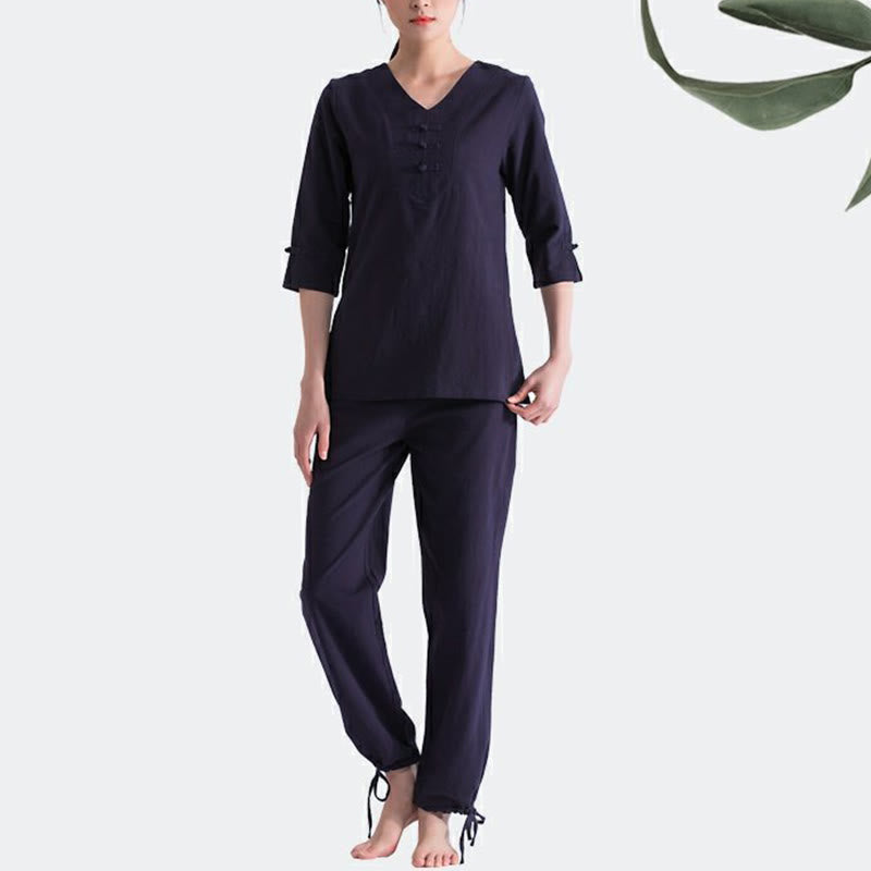 Buddha Stones Yoga Meditation Prayer V-neck Design Cotton Linen Clothing Uniform Zen Practice Women's Set - image 5