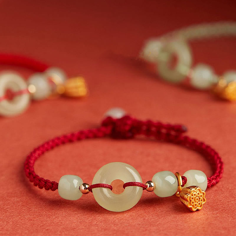 Buddha Stones Round Peace Buckle Jade Lotus Happiness Abundance Wealth String Bracelet - image 1