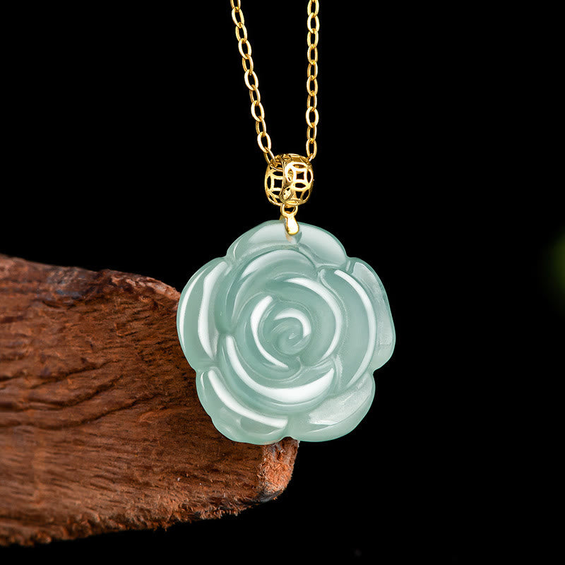Buddha Stones 18K Gold Buckle 925 Sterling Silver Chain Natural Jade Rose Luck Necklace Pendant - image 1