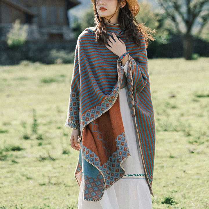 Buddha Stones Tibetan Shawl Striped Diamond Pattern Winter Warm Soft Scarf - image 1