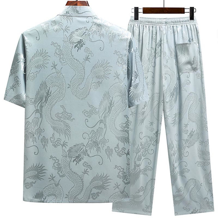 Buddha Stones Dragon Pattern Tang Suit Hanfu Traditional Uniform Short Sleeve Top Pants Clothing Men's Set