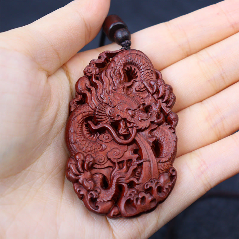 Buddha Stones Lightning Struck Jujube Wood Double Dragon Relief Ward Off Evil Spirits Necklace Pendant