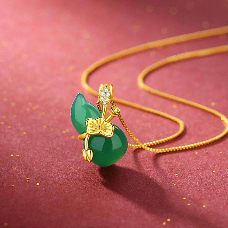 Buddha Stones Cyan Jade Gourd Lotus Leaf Abundance Pendant Necklace - Cyan Jade - image 1