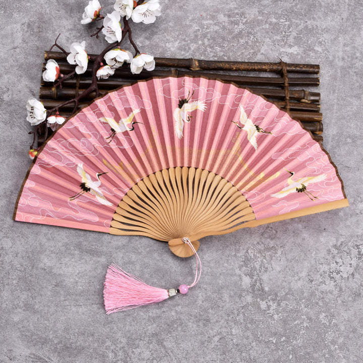 Buddha Stones Vintage Cloud Crane Pattern Handheld Bamboo Folding Fan - Pink - image 5
