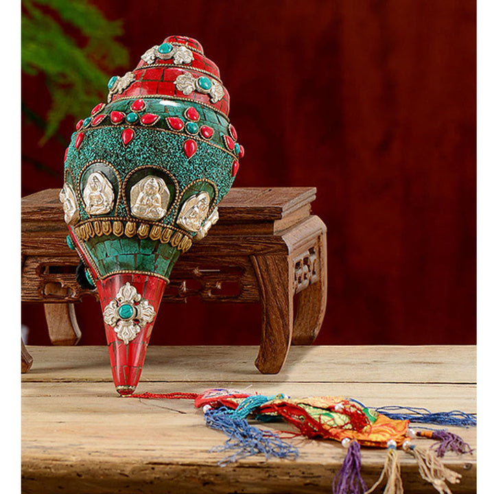 Tibetan Handmade Shankha Om Mani Padme Hum Buddha Avalokitesvara Turquoise Conch Shell Positive Decoration - image 12