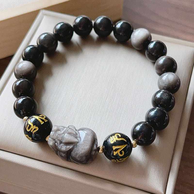 Buddha Stones Natural Silver Sheen Obsidian Black Obsidian Om Mani Padme Hum Pixiu Protection Bracelet