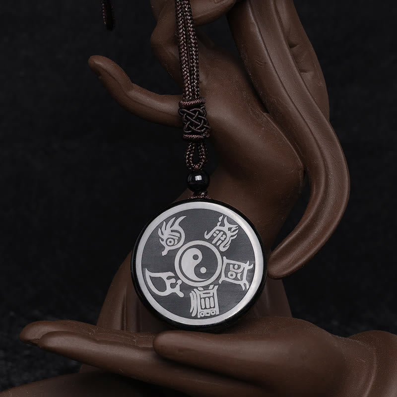 Buddha Stones Black Obsidian Taoism Five Sacred Mountains Nine-Character Mantra Carved Purification Yin Yang Necklace Pendant - image 10