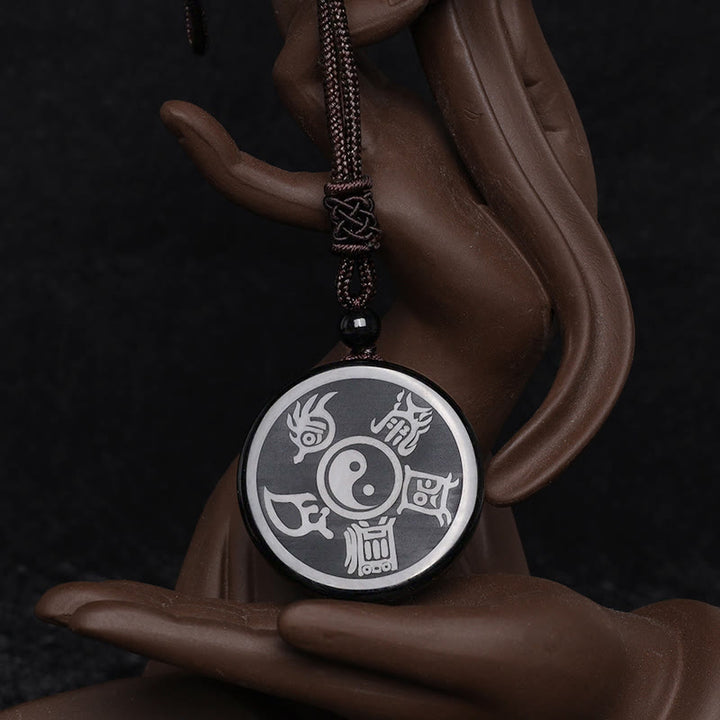 Buddha Stones Black Obsidian Taoism Five Sacred Mountains Nine-Character Mantra Carved Purification Yin Yang Necklace Pendant - image 10