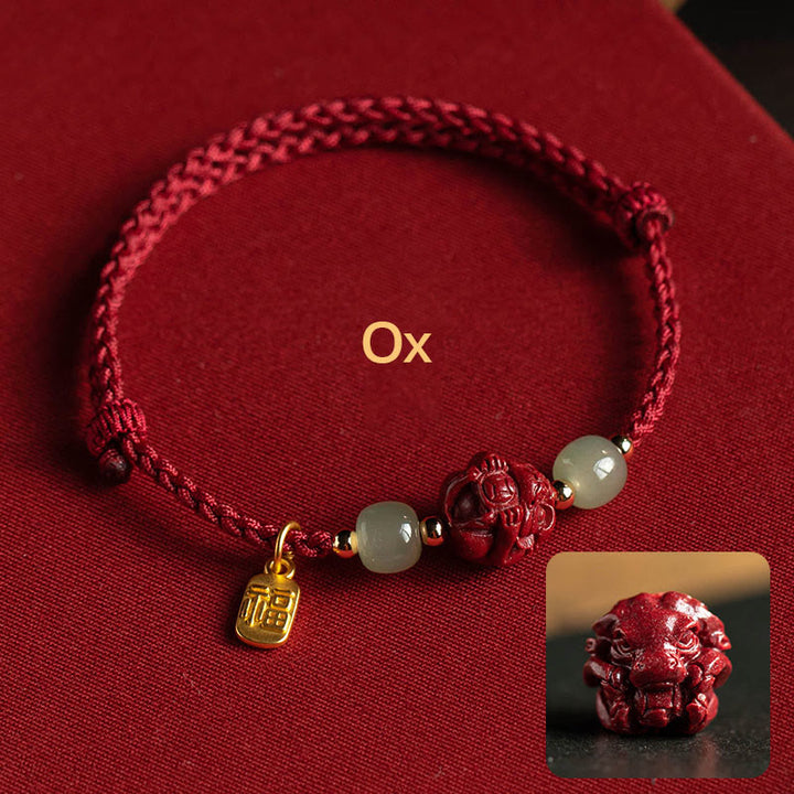 Buddha Stones Natural Cinnabar Chinese Zodiac Hetian Jade Fu Character Luck Rope Bracelet