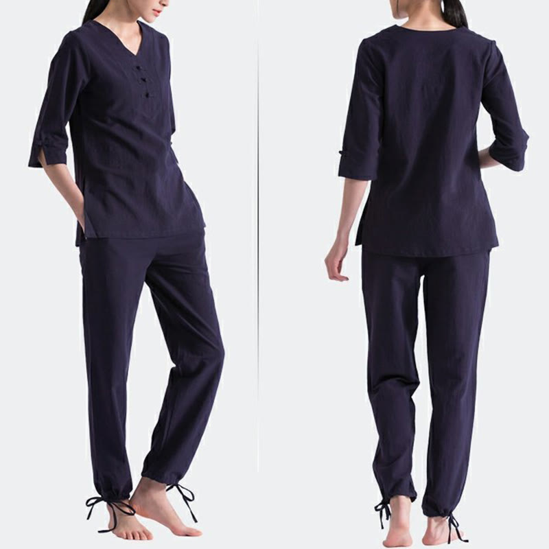 Buddha Stones Yoga Meditation Prayer V-neck Design Cotton Linen Clothing Uniform Zen Practice Women's Set - image 4