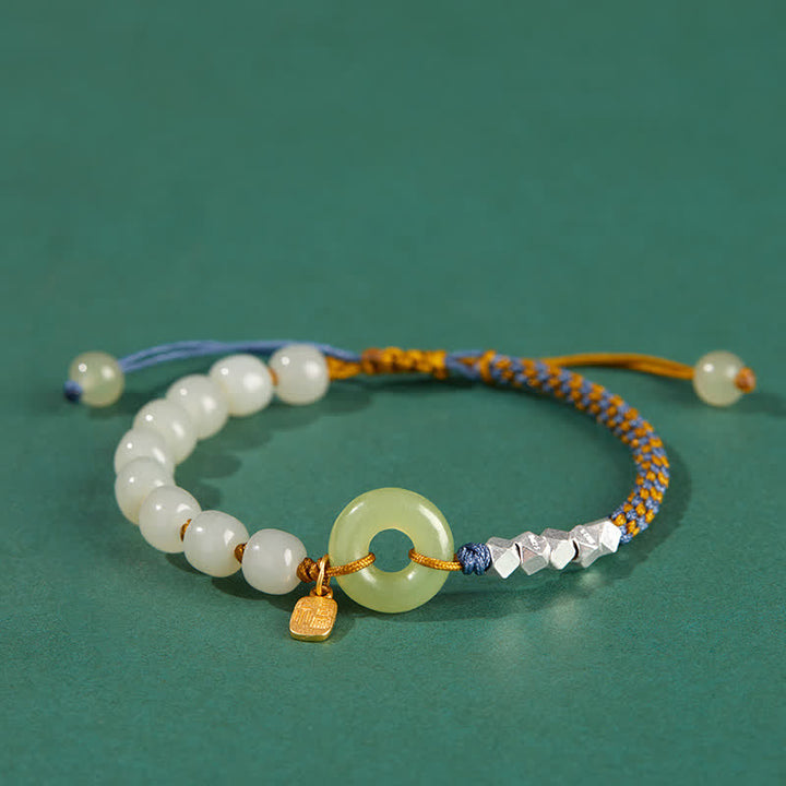 925 Sterling Silver Hetian Jade Peace Buckle Beaded Luck Happiness Charm Bracelet - Brown - image 12