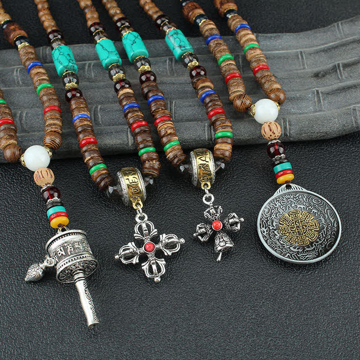 Buddha Stones Tibetan Om Mani Padme Hum Prayer Wheel Rotation Vajra Wood Necklace Pendant - image 14