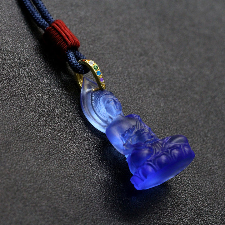 Buddha Stones Blue Tathagata Buddha Medicine Buddha Liuli Crystal Serenity Amulet Necklace Pendant