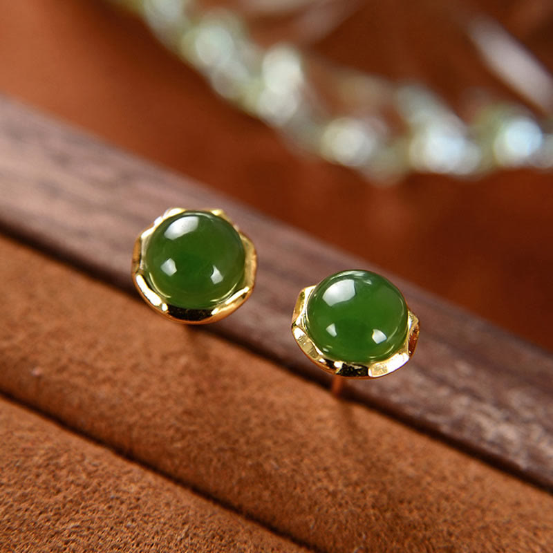 Buddha Stones 925 Sterling Silver Plated Gold Natural Hetian Cyan Jade Bead Luck Stud Earrings - Hetian Cyan Jade(Bead Approx. 6mm) - image 0