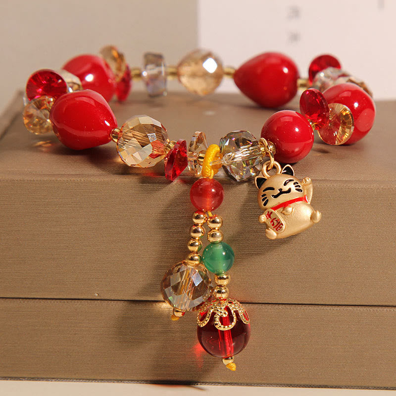 Buddha Stones Red Stone Lucky Cat Rabbit Fu Character Fortune Bracelet